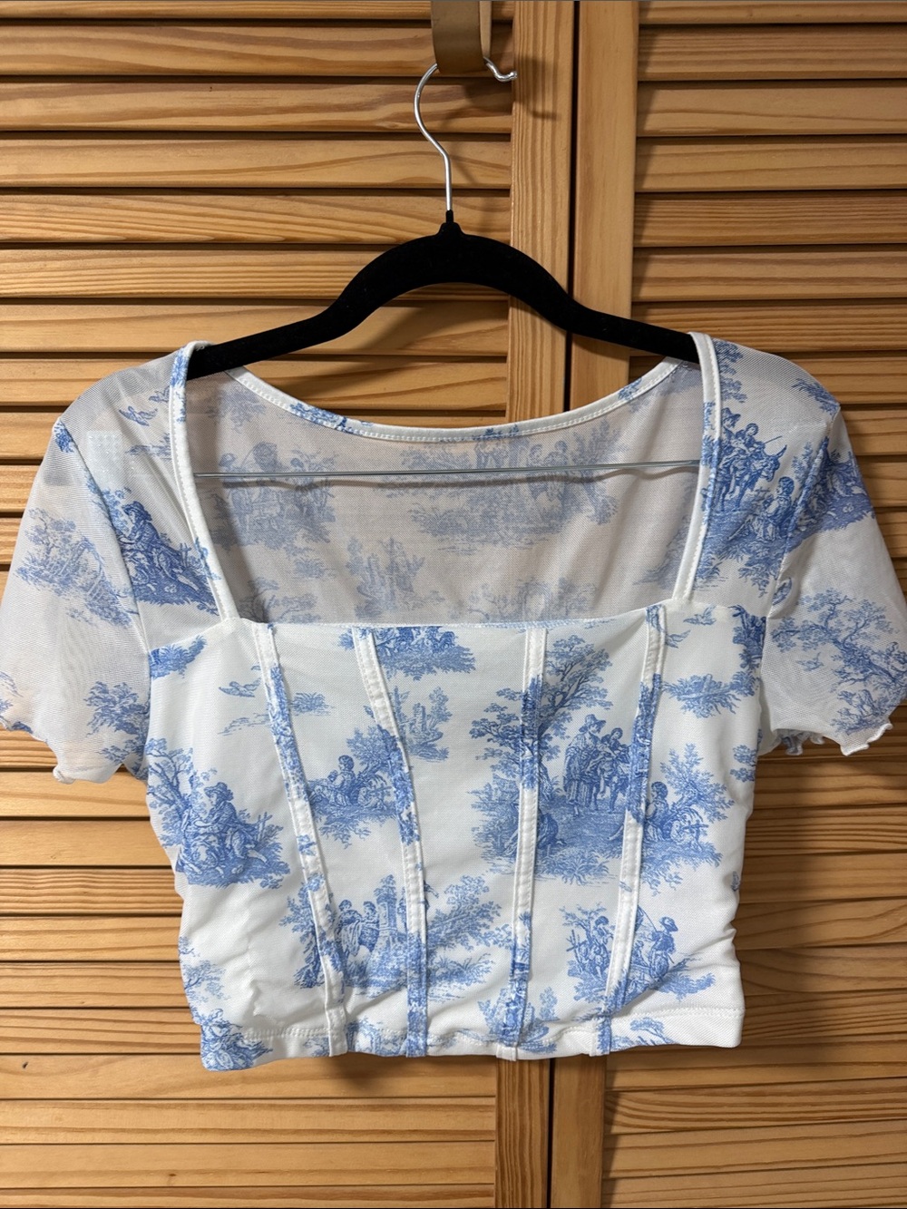 SHEIN Blue & White Toile Square-Neck Crop Top